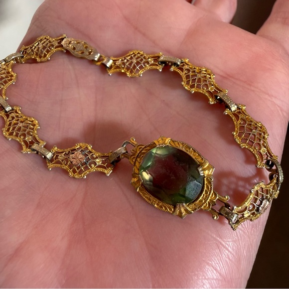 Antique Jewelry - Antique Victorian Art deco Gold Filagree Green Pink iris Glass Bracelet